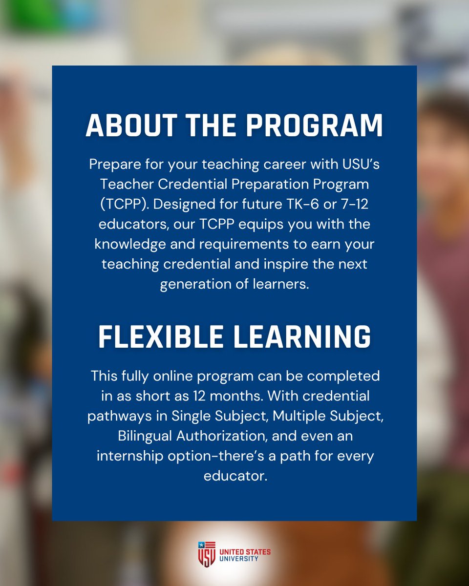 usuniversity's tweet image. 📚Ready to step into the classroom with confidence? Earn your teaching credential in as little as 12 months, your future students are waiting!

#USU #FutureEducators #TeachingCredential