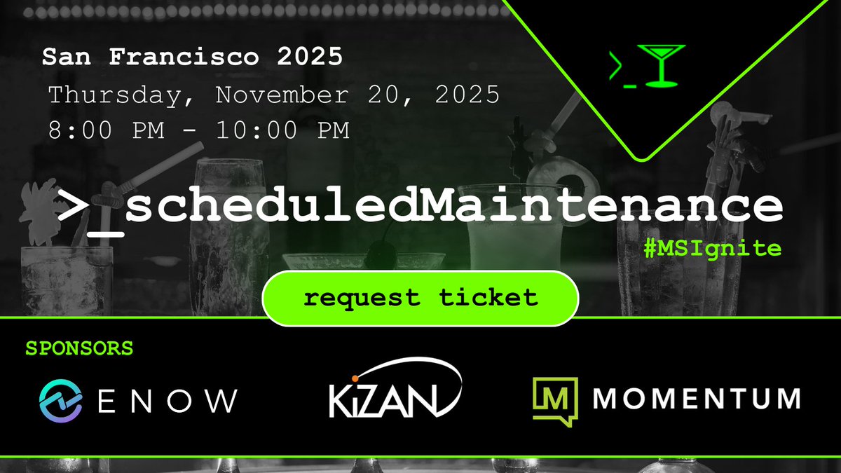 Friendly reminder for Ignite attendees!

Momentum is proud to sponsor the >_scheduledMaintenance Party at Microsoft Ignite alongside ENow Software and KiZAN.

Request your ticket: loom.ly/HyePzrw