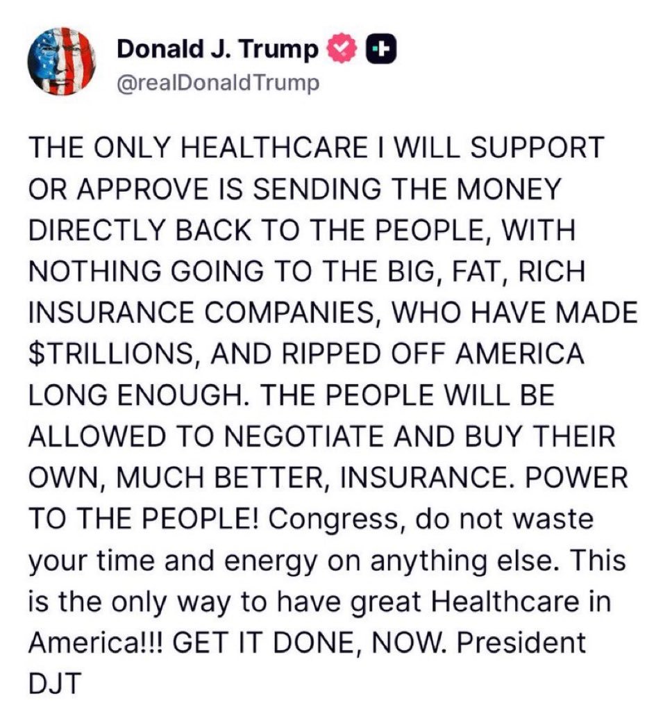 I'm confused. So you're saying that you're going to give money directly to the people, so that it's not going to the insurance companies, and that then the people can use the money to buy better insurance from...the insurance companies? This is the healthcare plan?