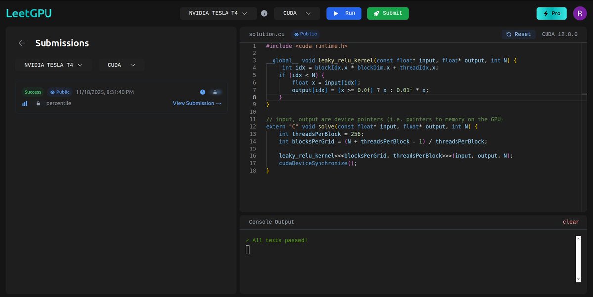 cuda_programmer's tweet image. Day 9 of GPU Programming
-Leaky ReLU
-leetcode potd easy but hard to implement

 #100DaysOfGPU #CUDA #GPUProgramming #ParallelComputing #AI #DeepLearning #100DaysOfCode #MachineLearning #NVIDIA #CodingJourney