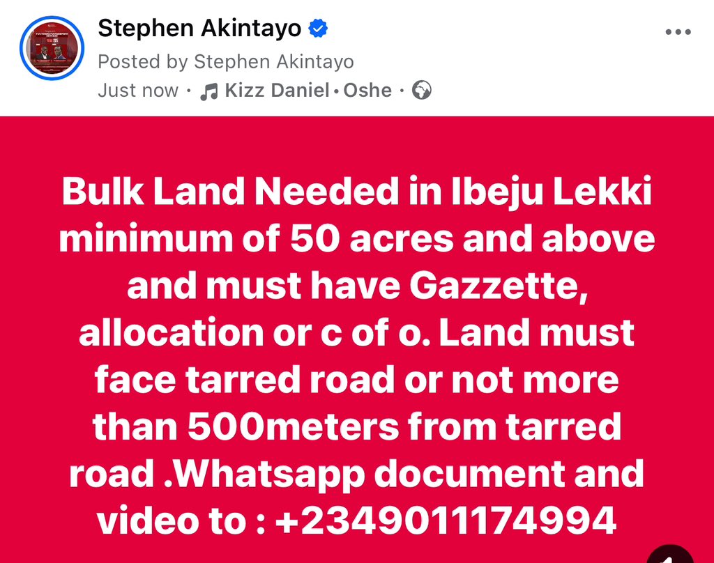 drsakintayo's tweet image. Bulk Land Needed in Ibeju Lekki minimum of 50 acres and above and must have Gazzette, allocation or c of o. Land must face tarred road or not more than 500meters from tarred road .Whatsapp document and video to : +2349011174994