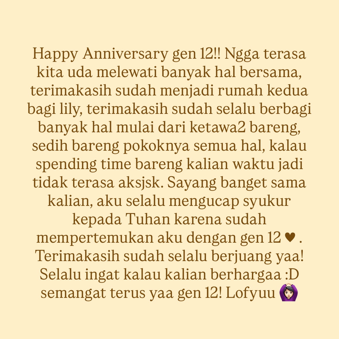 Lily_JKT48's tweet photo. Terimakasih juga sudah berbagii yaa myloflyy!! Im soo proud of u ^^ semangat yaa orang baik!! #SymphonyOfColor #2ndAnnivGen12 #TwoYearsOfHarmony 💛🤎 https://t.co/JaOGHLKGBT