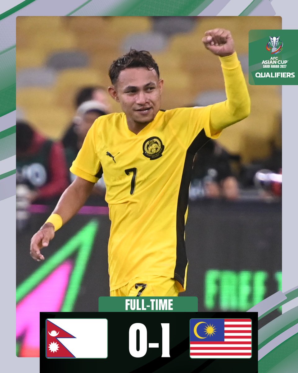 afcasiancup's tweet photo. 𝗙𝗧 | 🇳🇵 Nepal 0️⃣-1️⃣ Malaysia 🇲🇾

Malaysia extend their strong form in Group F with another disciplined and determined performance!

#ACQ2027 | #NEPvMAS https://t.co/8sKtbCwDdG