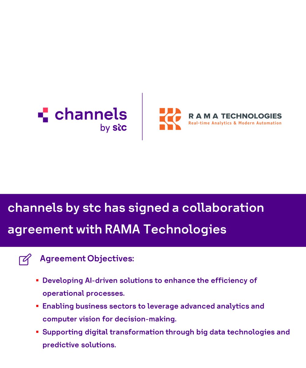 To advance the smart solutions ecosystem for the business sector and expand the use of AI across various industries in the Kingdom, we have signed a cooperation agreement with RAMA Technologies, a company specialized in AI and data analytics solutions.

#channelsbystc