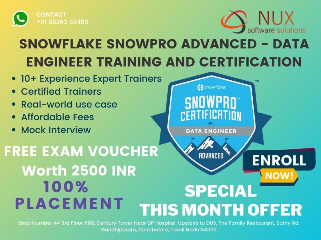 NuxSoftware's tweet image. Master real-time &amp;amp; batch pipelines, automation, Snowpipe, Streams, Tasks, and performance tuning with the SnowPro Advanced: Data Engineer course. Become a Snowflake pipeline expert! 🚀

#Snowflake #DataEngineer #SnowProAdvanced #ETL #ELT #ModernDataStack