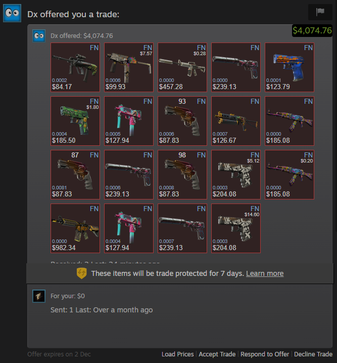 zipelCS's tweet image. 1 month ago: what a load of ass 
today: gold mine

Picked up a few more floats from mr @dx_csgo 
dm me if you got something to sell 🌚