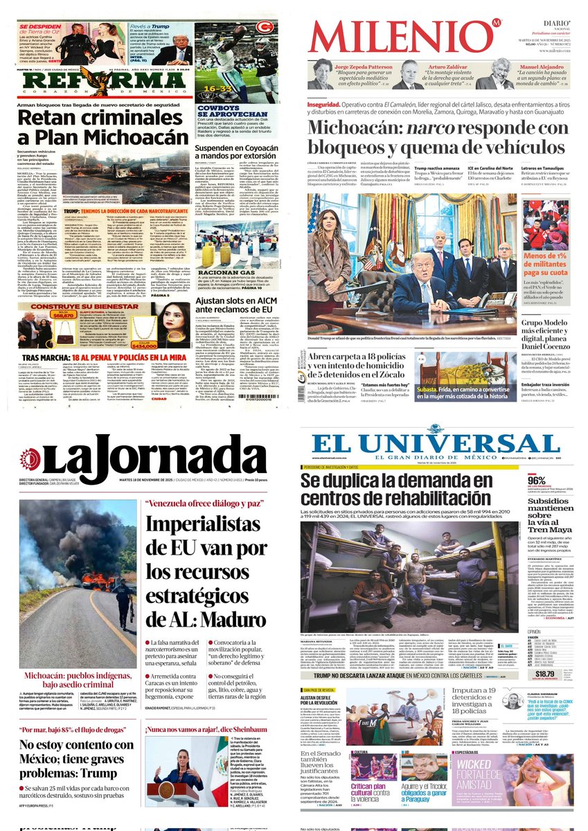 castroclemente's tweet image. Las #PrimerasPlanas
#Portadas 
- Narco reta a Plan Michoacán 
- Encarcelan a 18 tras Marcha Z
- 42 años para montachoques 

Hay #monos violentos 

EnTT: Red X y Cloudflare por caída; Díaz Ordaz, Línea B y Claudia Sheinbaum 

#TromposyPirinolas 
#FelizMartes