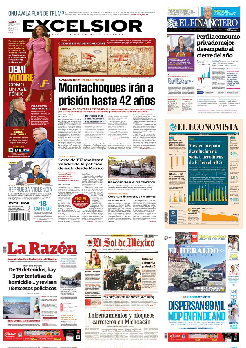 castroclemente's tweet image. Las #PrimerasPlanas
#Portadas 
- Narco reta a Plan Michoacán 
- Encarcelan a 18 tras Marcha Z
- 42 años para montachoques 

Hay #monos violentos 

EnTT: Red X y Cloudflare por caída; Díaz Ordaz, Línea B y Claudia Sheinbaum 

#TromposyPirinolas 
#FelizMartes