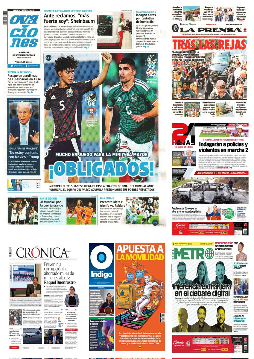 castroclemente's tweet image. Las #PrimerasPlanas
#Portadas 
- Narco reta a Plan Michoacán 
- Encarcelan a 18 tras Marcha Z
- 42 años para montachoques 

Hay #monos violentos 

EnTT: Red X y Cloudflare por caída; Díaz Ordaz, Línea B y Claudia Sheinbaum 

#TromposyPirinolas 
#FelizMartes