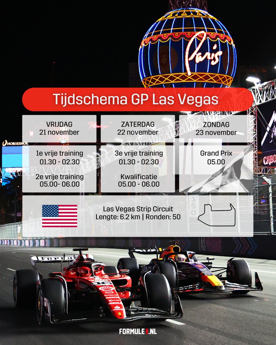 De laatste triple header gaat van start in de glitter van Vegas! 🎰🎲 Nacht, neon en een kampioenschap dat nog alle kanten op kan. Klaar voor het spektakel? Oh, vergeet je wekker niet te zetten... ⏰🥱