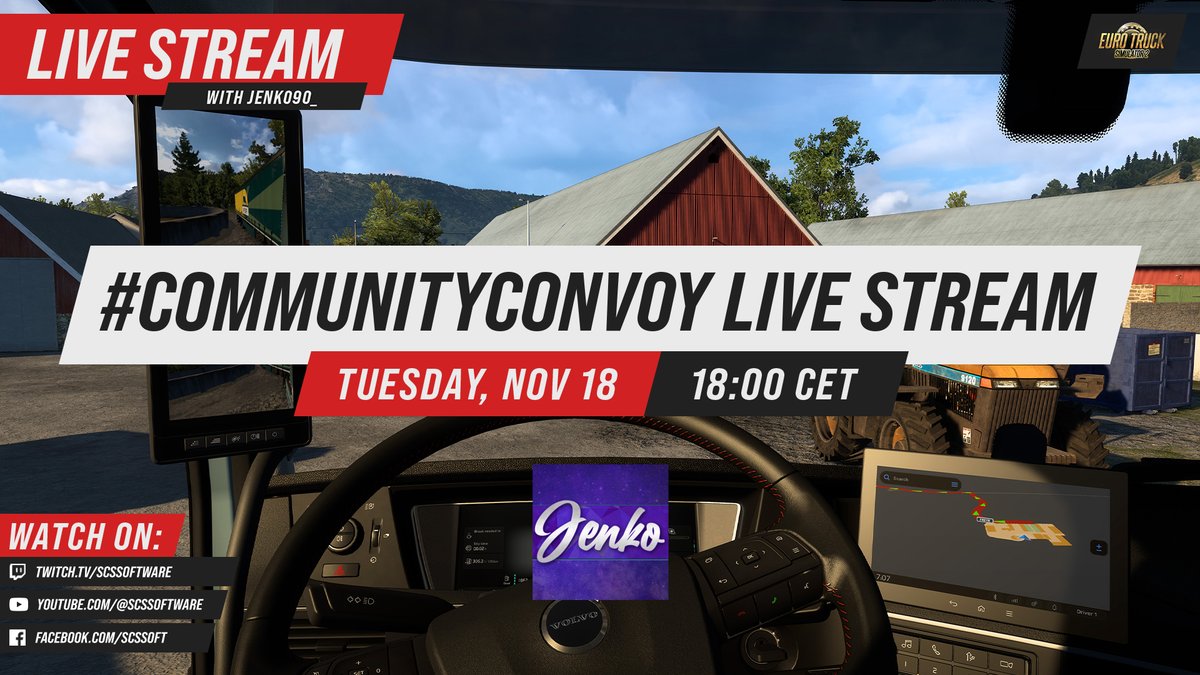 SCSsoftware's tweet image. Did someone say Convoy? 🚛🚛🚛💨

Join us today from 6pm CET as we hit the road with @Jenko90_ in Euro Truck Simulator 2! 

Tune in at: 
🟣Twitch.TV/SCSSoftware
🔴YouTube.com/SCSSoftware
🔵Facebook.com/SCSSoft