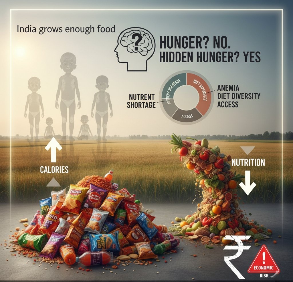 RiseIndia2030's tweet photo. ️ India grows enough food, yet 1/3 children are stunted and 57% women are anemic. 

The crisis isn’t hunger. It’s hidden hunger. Poor diets. Low nutrients. High economic risk.

Link is in the comments.
#Nutrition #HiddenHunger #India #PublicHealth #SDG2 https://t.co/7ylot3ojPT