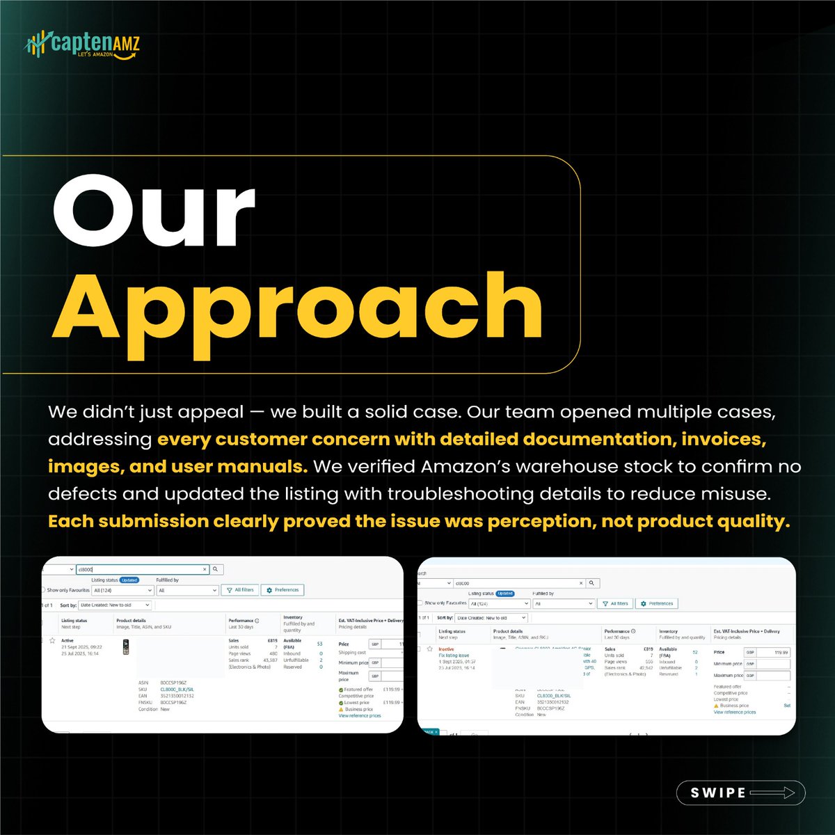 CaptenAMZ's tweet image. Amazon suspended our client’s top listing  but we didn’t waste a second.
We investigated, gathered proof, fixed complaints &amp;amp; sent a solid appeal.
Amazon agreed → Listing reinstated, sales restored.
Need help with reinstatements? DM us.

#CaptenAMZ #AmazonHelp #AmazonExperts