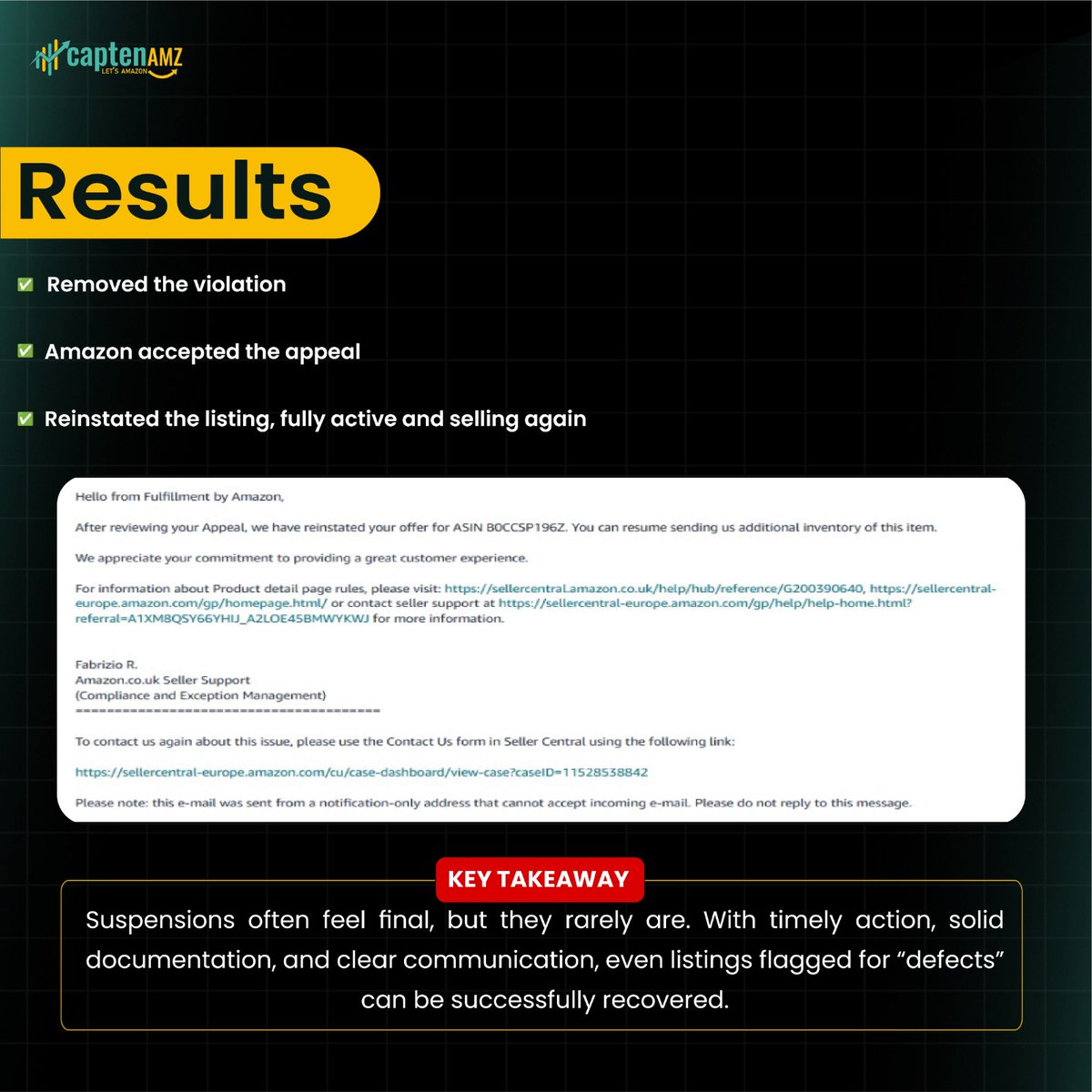 CaptenAMZ's tweet image. Amazon suspended our client’s top listing  but we didn’t waste a second.
We investigated, gathered proof, fixed complaints &amp;amp; sent a solid appeal.
Amazon agreed → Listing reinstated, sales restored.
Need help with reinstatements? DM us.

#CaptenAMZ #AmazonHelp #AmazonExperts