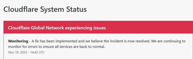 ceanmedia's tweet image. 🚨 Good news! Cloudflare has fixed the issue that caused global website outages. They&apos;re monitoring closely to ensure everything&apos;s back to normal. Stay tuned for updates! 🌐🔧 #TechNews #WebSecurity #Cloudflare