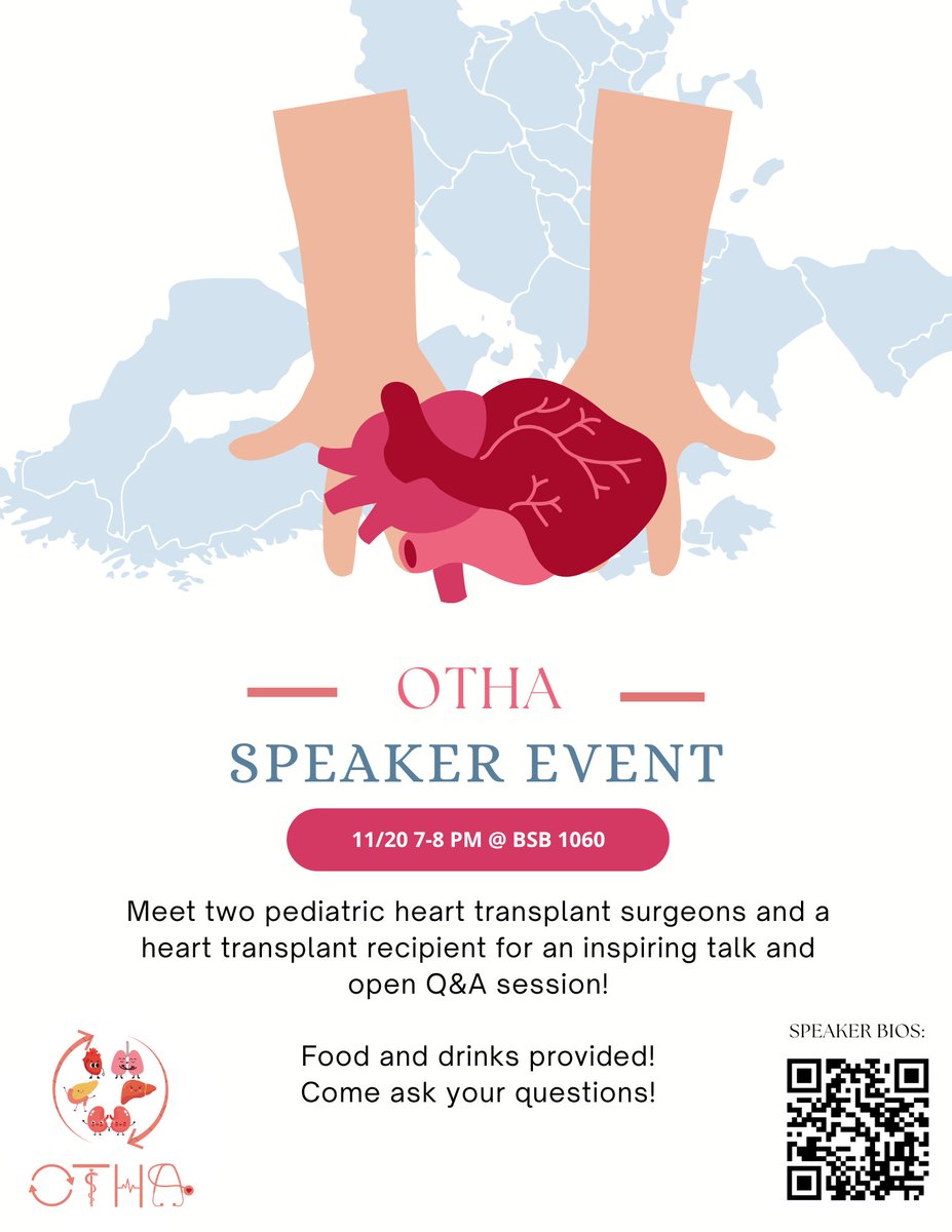 Join OTHA on 11/20, 7–8pm (BSB 1060) for an inspiring talk with:
💙 Heart-transplant recipient Rose Hajjar
💙 Dr. Kurt Schumacher &amp; Dr. Amanda McCormick, pediatric heart-transplant experts <a href="/UMich/">University of Michigan</a>.
Hear stories of survival, innovation, and the power of organ donation.