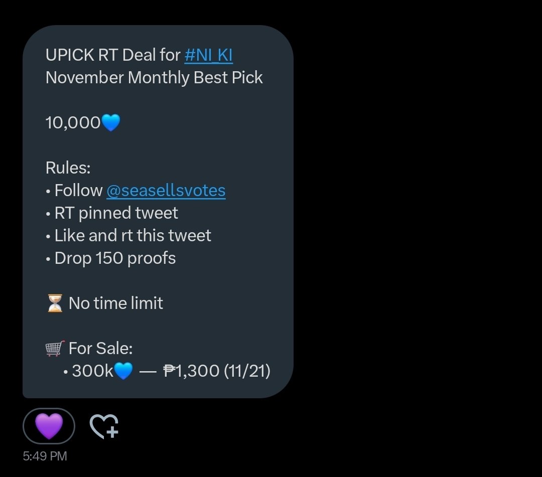 UPICK RT Deal for #NI_KI
November Monthly Best Pick

10,000💙

Rules:
• Follow <a href="/seasellsvotes/">seasellsvotes 🌊</a>
• RT pinned tweet
• Like and rt this tweet
• Drop 150 proofs

⏳ No time limit

🛒 For Sale:
     • 300k💙  —  ₱1,300 (11/21)