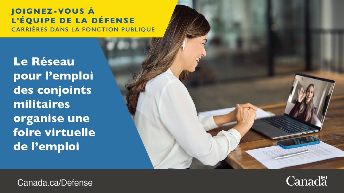 Appel à tous les conjoints de militaires! 📣

Explorez les possibilités d’emploi au gouvernement fédéral grâce à l’Initiative d’emploi pour les conjoints de militaires.
- 25 novembre
- De 9 h à 16 h (HNE)
- Activité virtuelle

Inscrivez-vous gratuitement : …evirtualcareerfairnov25.eventbrite.ca