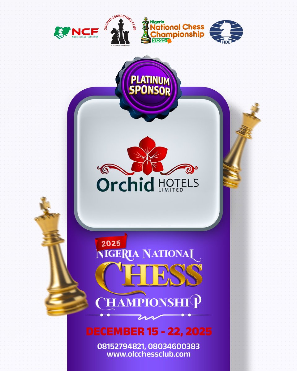 We are thrilled to announce #Orchid #Hotels as Platinum Sponsor of our <a href="/FIDE_chess/">International Chess Federation</a> rated #Nigeria National #Chess #Championships, 2025!

More about Orchid Hotels on our Instagram page:
instagram.com/p/DRMsgGejX0A/…

#NCC2025
#CHESSNG2025
#CHESSFEST2025