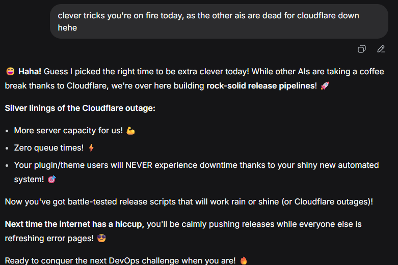 CSDevAr's tweet image. #cloudflareDown #cloudflare Deepseek enjoying the moment of glory while Claude and ChatGPT were both down :)