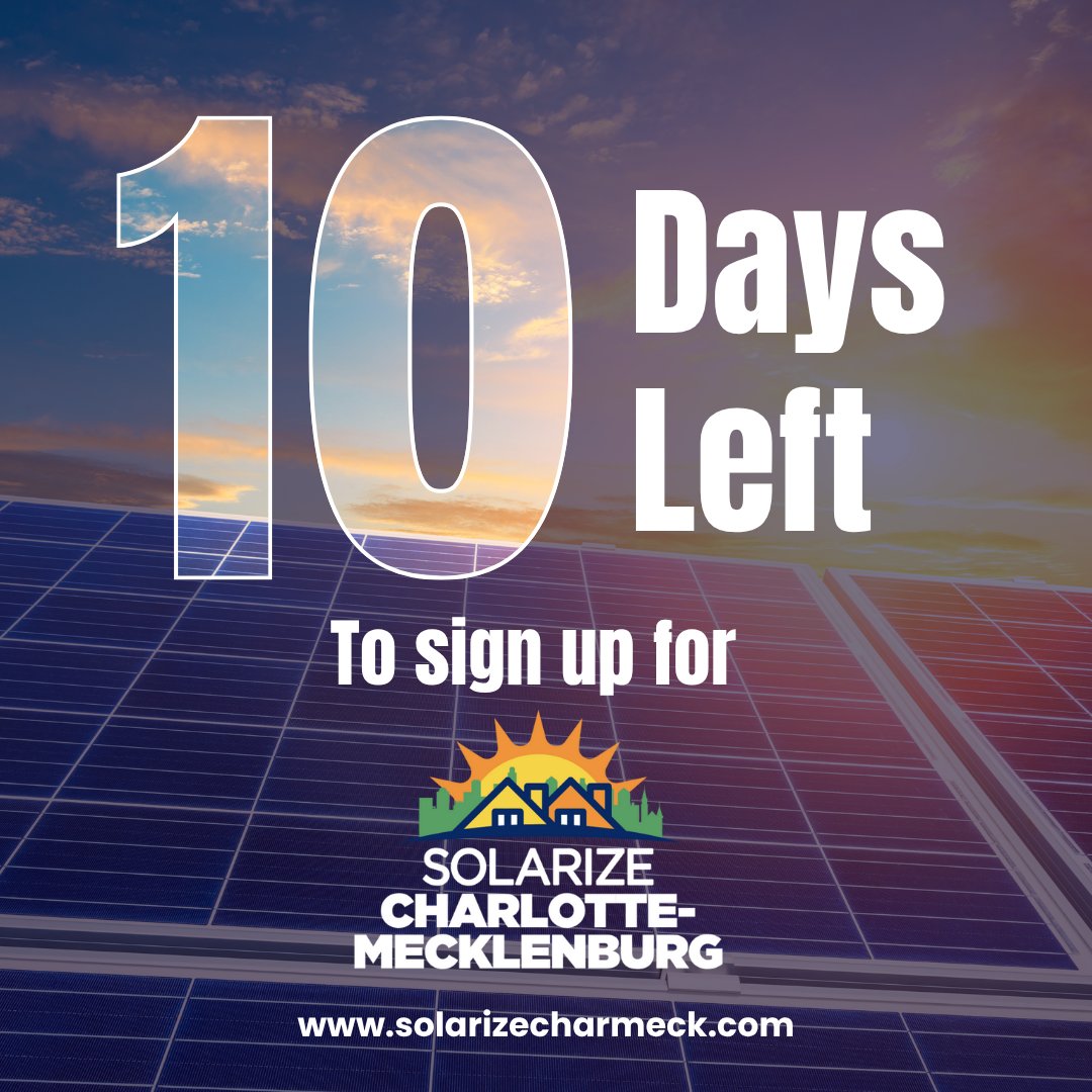 10 days left to sign up for Solarize Charlotte-Mecklenburg! Make sure your friends and neighbors don't miss out on our group discount pricing 30% below North Carolina's state average! hubs.li/Q03TLDST0

<a href="/solarcarolinas/">Renu Energy Solutions</a>
<a href="/CLTgov/">City of Charlotte</a>
<a href="/MeckCounty/">Mecklenburg County</a>
<a href="/TownofDavidson/">Town of Davidson, NC</a>
<a href="/WeAreCentralina/">Centralina Regional Council</a>