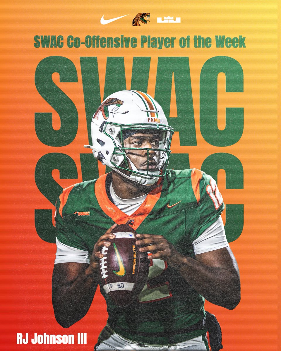 FAMU_FB's tweet image. 🏆 Big Week, Big Honors! 🏆

RJ Johnson III has been showing out, earning HBCU National Player of the Week and SWAC Co-Offensive Player of the Week!

🔥 Dominance 
🔥 Elite performance
🔥 Raising the bar every snap

#FAMU | #Rattlers | #FangsUp 🐍