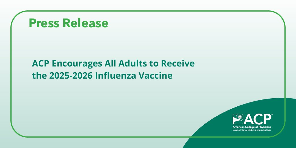 ACP has released new flu vaccine practice points in @annalsofim. Adults 18–64 should receive a standard-dose flu vaccine, and adults 65+ should receive a high-dose vaccine. Recommendations apply to adults who are not pregnant or immunocompromised: bit.ly/3M7s0lT