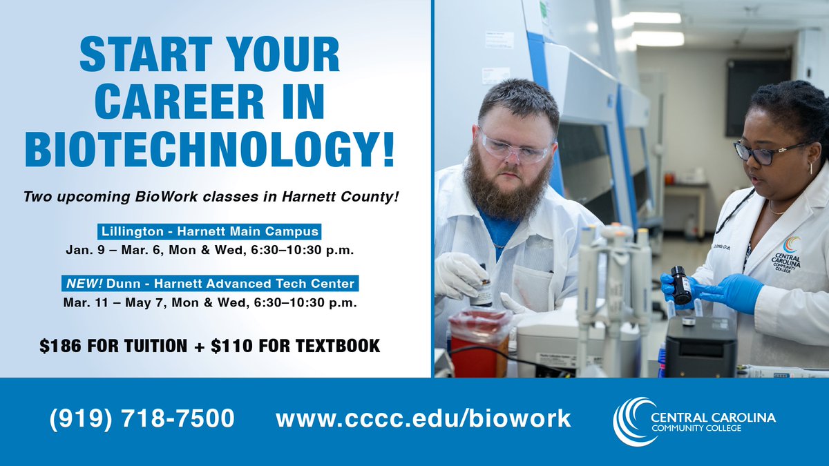 Build your future in #Biotechnology right here in #HarnettCountyNC! 🔬

<a href="/iamcccc/">CCCC</a>  is enrolling for #BioWork classes in #LillingtonNC (Harnett Main Campus) &amp; a new location in #DunnNC (Harnett Advanced Technology Center).

💻 Register: bit.ly/49rejrN
 🔍 Keyword: BioWork