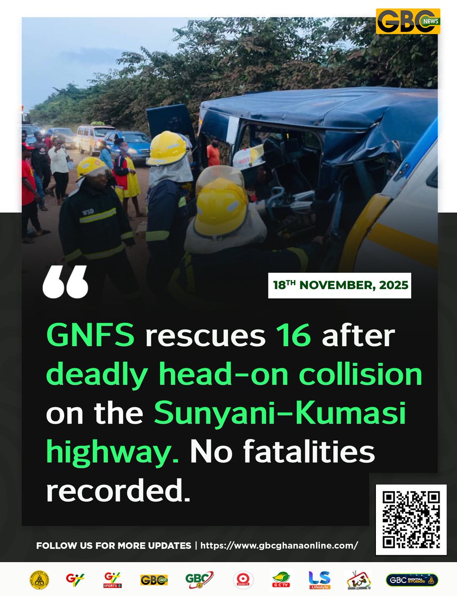 GTV_Ghana's tweet image. GNFS rescues 16 after deadly head-on collision on the Sunyani–Kumasi highway. No fatalities recorded