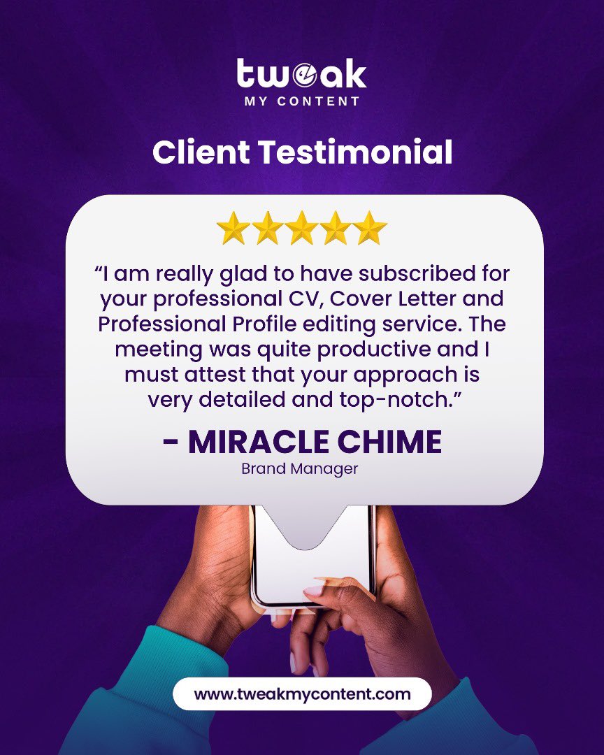 tweakmycontent's tweet image. Invest in your future with professional services, including CV writing, cover letter writing, and LinkedIn profile optimisation, to increase your chances of getting hired.

Interested in another Miracle story? Visit us at tweakmycontent.com

#TweakMyContent #CVWriting