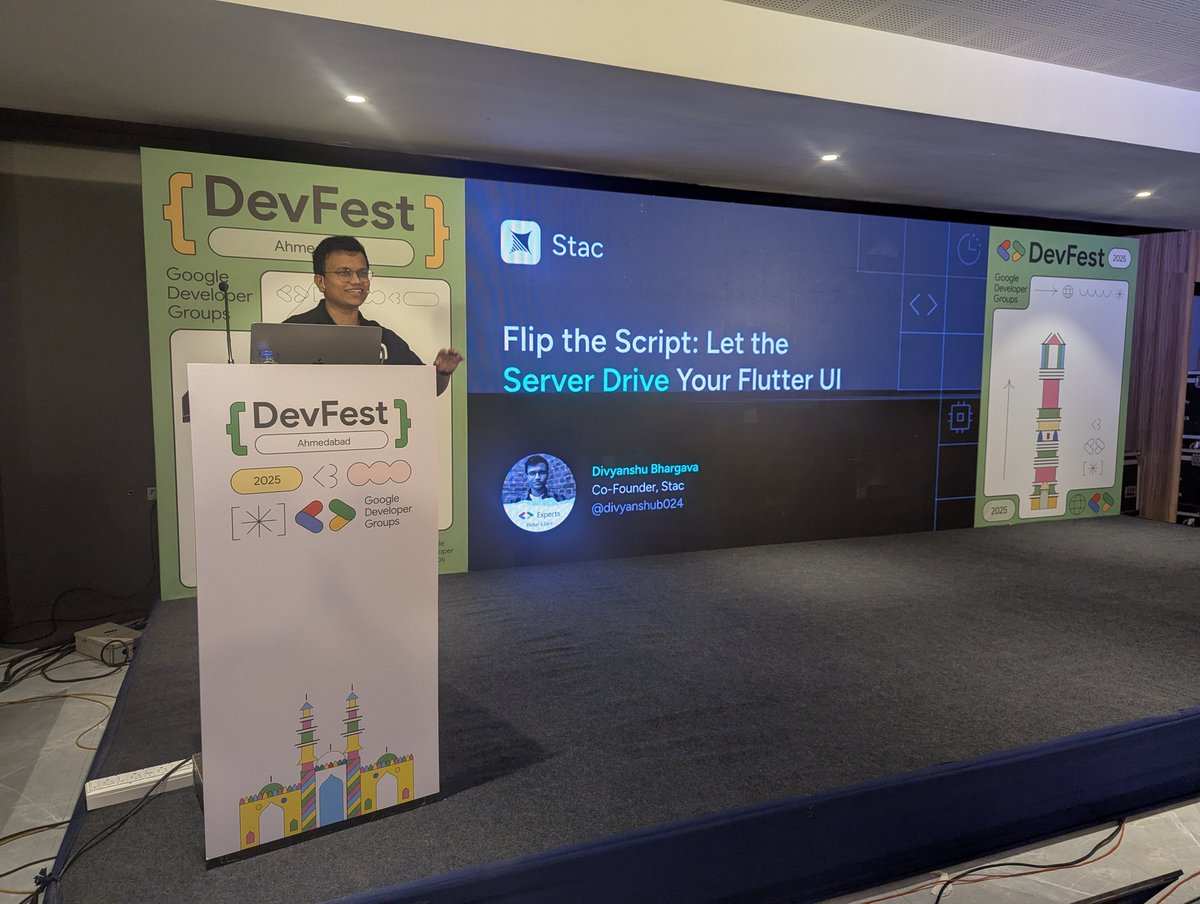 divyanshub024's tweet image. Gave my talk “Flip the Script: Let the Server Drive Your Flutter UI” at #DevFestAHM and the energy in the room was next level🔥
Showing @stac_dev update a full Flutter UI with zero rebuilds always hits differently⚡️
Huge shoutout to the @GDGAhmedabad team for a flawless event🙌