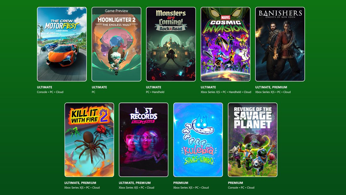 xbox_media's tweet image. Segunda oleada de noviembre en #GamePass

· Moonlighter 2: The Endless Vault – 19/11
· Kulebra and the Souls of Limbo – 19/11
· Revenge of the Savage Planet – 19/11
· Monsters are Coming! Rock &amp;amp; Road – 20/11
· The Crew Motorfest – 20/11
· Banishers: Ghosts of New Eden – 25/11
·…