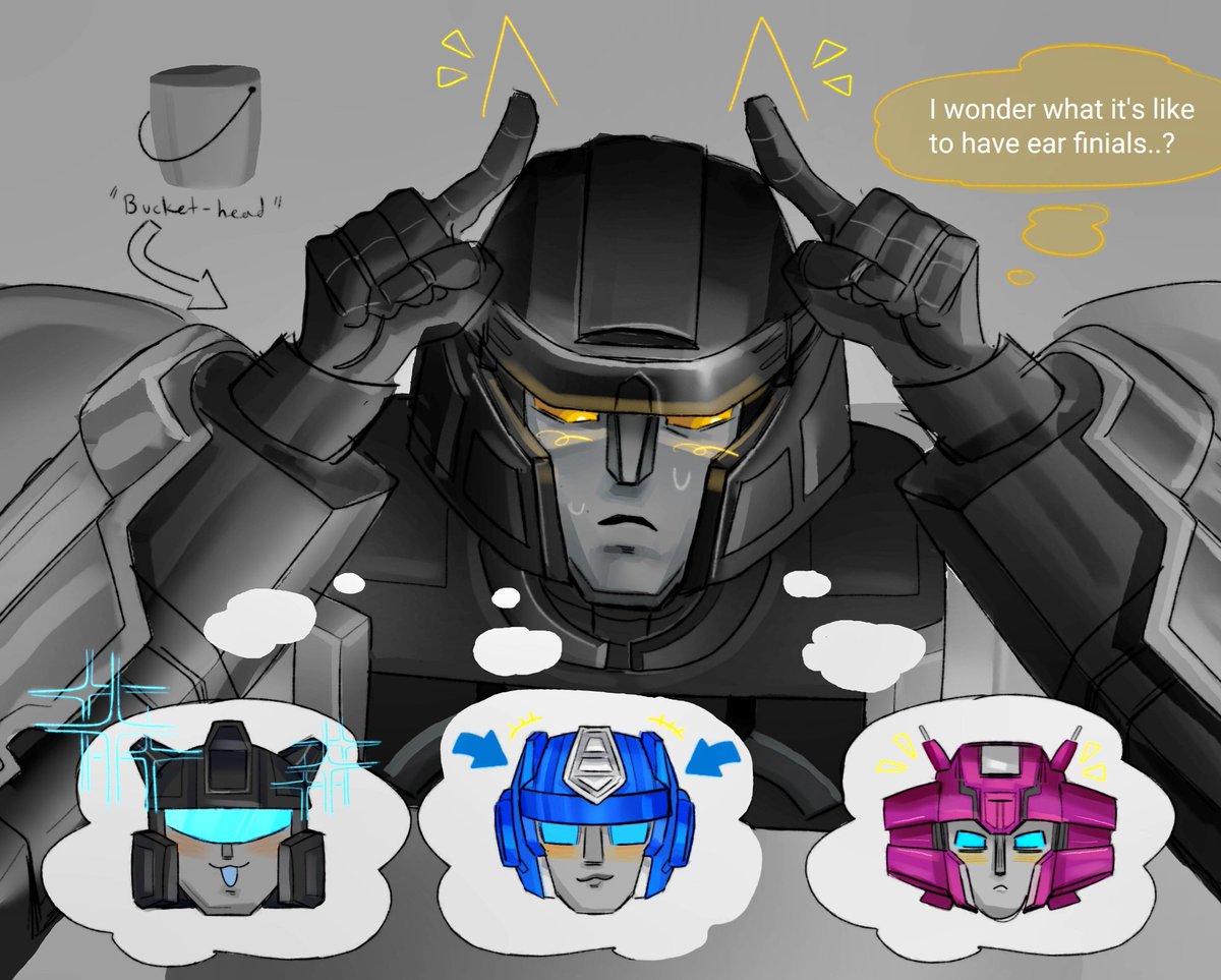 MechSerpent's tweet photo. poor dee has a bucket head while everyone else has super cool awesome robot ears . he gets paid 3 cents an hour. he's five seconds away from crashing out. sentinel prime was his tipping point https://t.co/j9rv1CokES