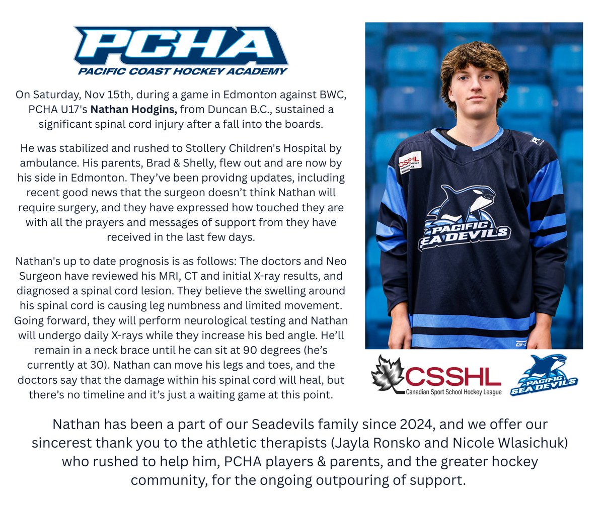 PacificSeaDevil's tweet image. #PCHA and the entire Seadevils family, wishes Nathan well in his recovery and thanks the hockey community for their support following his injury.