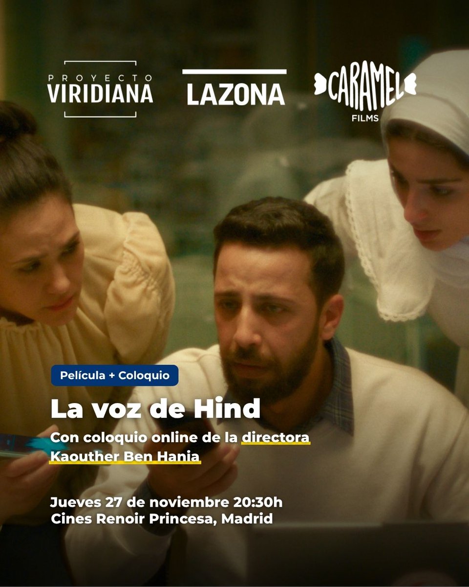 ✊🏻 Un acto de memoria y resistencia: 'La voz de Hind' 🍉

❗ Pase especial antes de su estreno en cines con un coloquio online con su directora, Kaouther Ben Hania, gracias a <a href="/proyviridiana/">Proyecto Viridiana</a> &amp; <a href="/LAZONA____/">LAZONA</a> <a href="/CaramelFilms/">Caramel Films</a>

📅 27 de noviembre a las 20:30h
🎟 pillalas.com/pase/1041492/