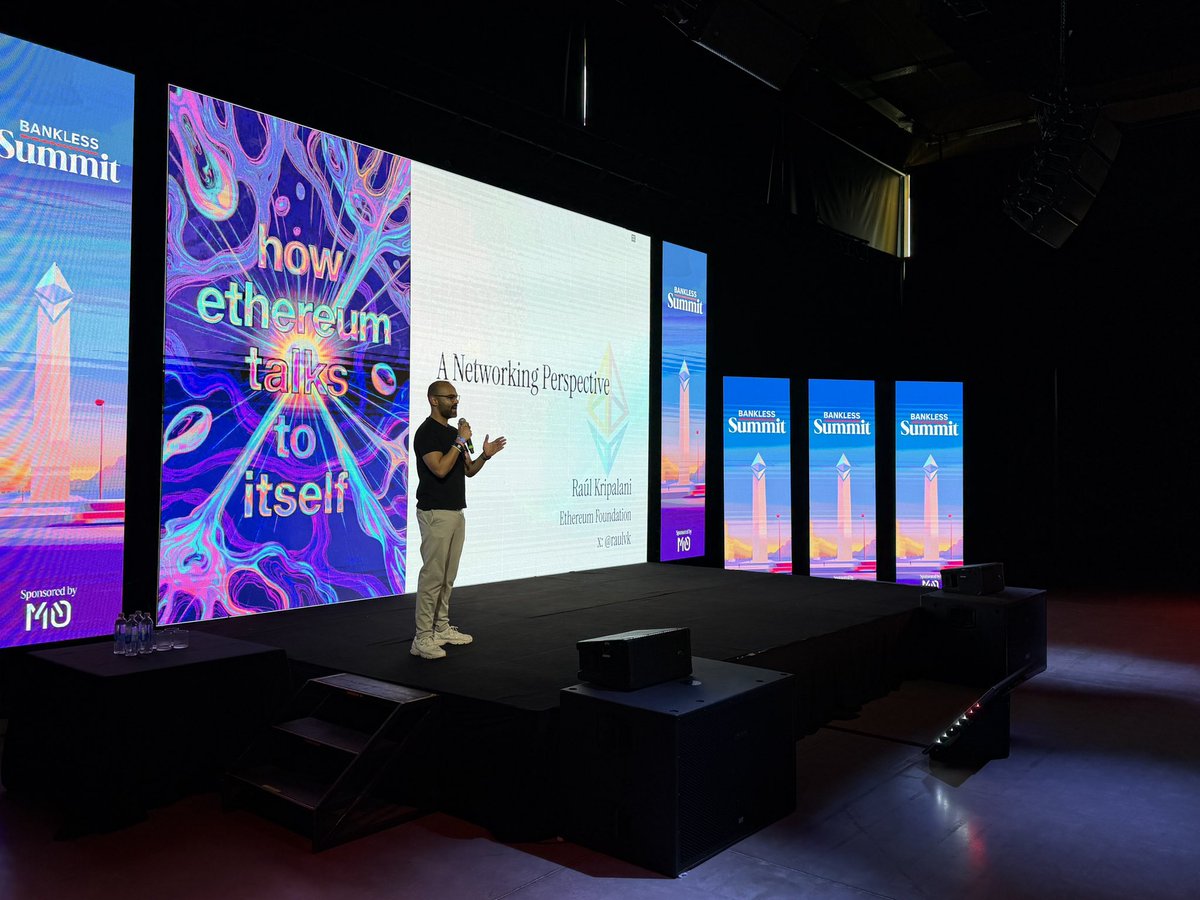TrustlessState's tweet image. At the Bankless Summit…

- @LucaProsperi giving us a fundamental lesson in money 
- @tkstanczak showing the state of Ethereum
- And @raulvk teaching us about Ethereum P2P