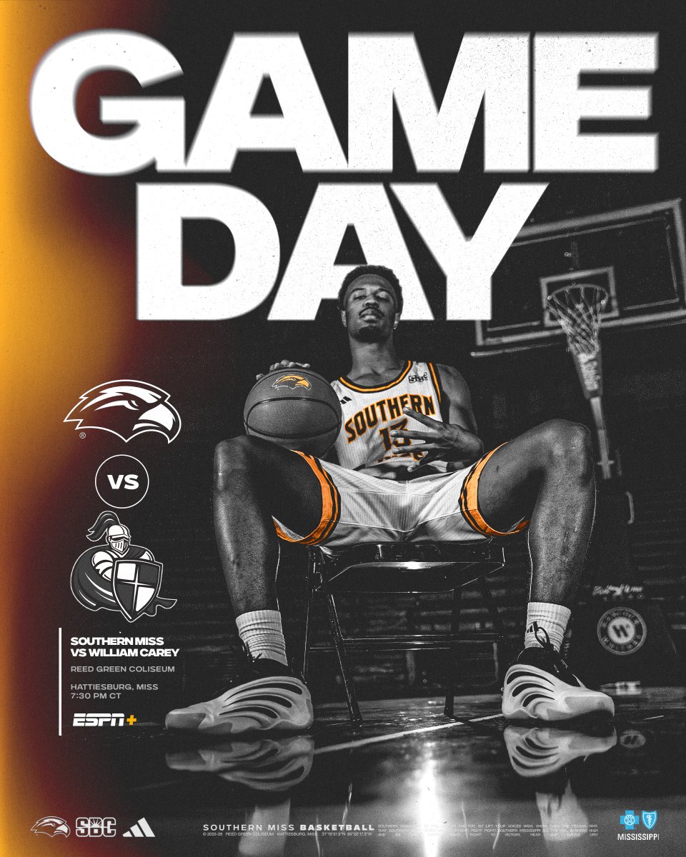 ❕Battle of the 601❕

🆚 » William Carey
⏰ » 7:30 PM
📺 » ESPN+
ℹ️ » linktr.ee/southernmissmbb
🎟️ » smttt.info/MBBWMUTix