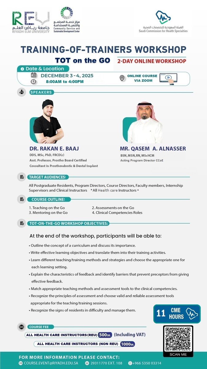 CSSD_Center's tweet photo. Level up your teaching skills and earn 11 CME hours! 🚀
Join us for TOT on the GO.
A dynamic 2-day online workshop designed for healthcare educators.

📅 Dec 3–4, 2025
💻 Zoom
🔗 https://t.co/z7aEVVDnQP

Let’s learn, lead, and inspire together! 🎓✨

#REU #cssd_center https://t.co/n3OVVFRZvw