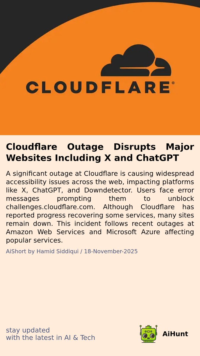 aihuntapp's tweet image. 🌐⚠️ Major outage alert! Platforms like X and ChatGPT are facing accessibility issues due to a significant Cloudflare incident. Error messages are everywhere! What does this mean for internet users? 🚨 Stay tuned for updates! #CloudflareDown #TechTrouble