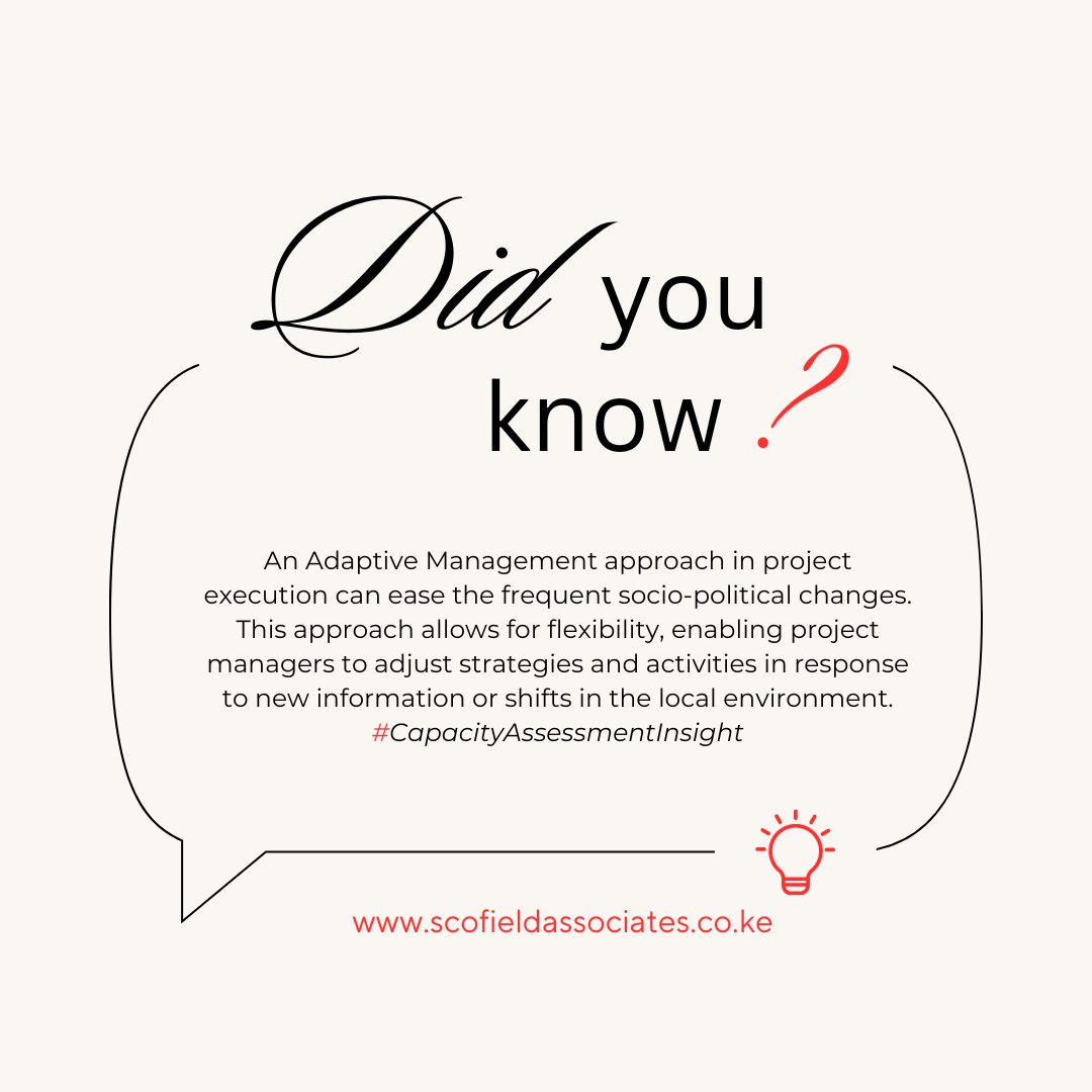 S_Associates_Ke's tweet image. An Adaptive Management approach in project execution can ease the frequent socio-political changes. It allows flexibility, enabling project managers to adjust strategies and activities in response to new information or shifts in the local environment.
#CapacityAssessmentinsight