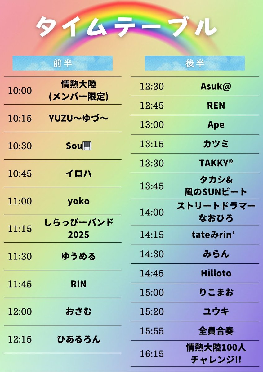 STRTcommunity's tweet image. 🌟タイムテーブルはこちら🌟
【🚩11/22(土)《愛知県》名城公園トナリノ】

いよいよ今週！
みんな準備はどうですかー🙌
 
1日に21組の演者さんが見れちゃいます！
1番遠くの出演者はなんと北海道😳😳😳

初めての試みでドキドキですが、、
出演者さんもお客さんも一体となって…