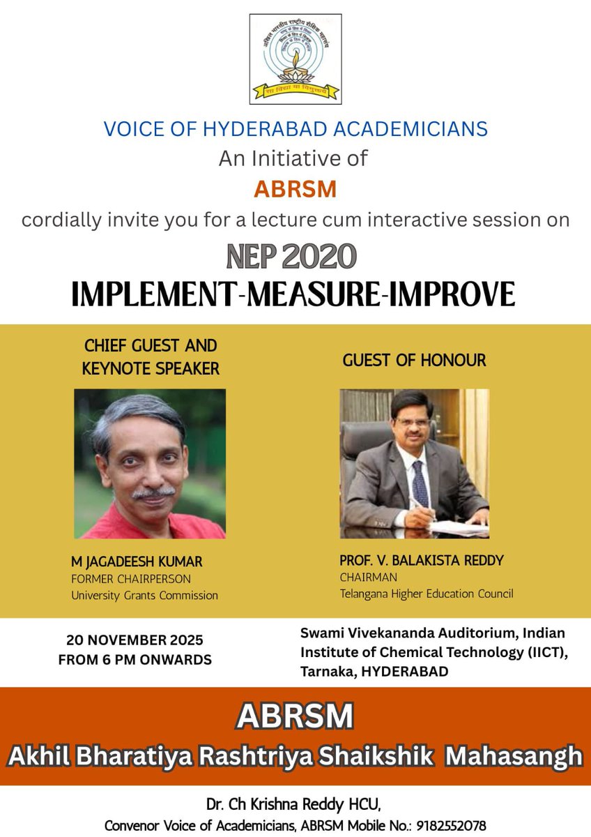 NEP 2020 in focus: Join VoiceofHydAcad &amp; ABRSM for a crucial lecture + interactive session on “Implement-Measure-Improve.” Hear from former UGC Chair <a href="/mamidala90/">Mamidala Jagadesh Kumar</a> Jagadeesh Kumar &amp; TG Higher Ed Council Chair Prof. V. Balakista Reddy.
📅 20 Nov |🕕 6PM |📍 IICT, Hyderabad #NEP2020