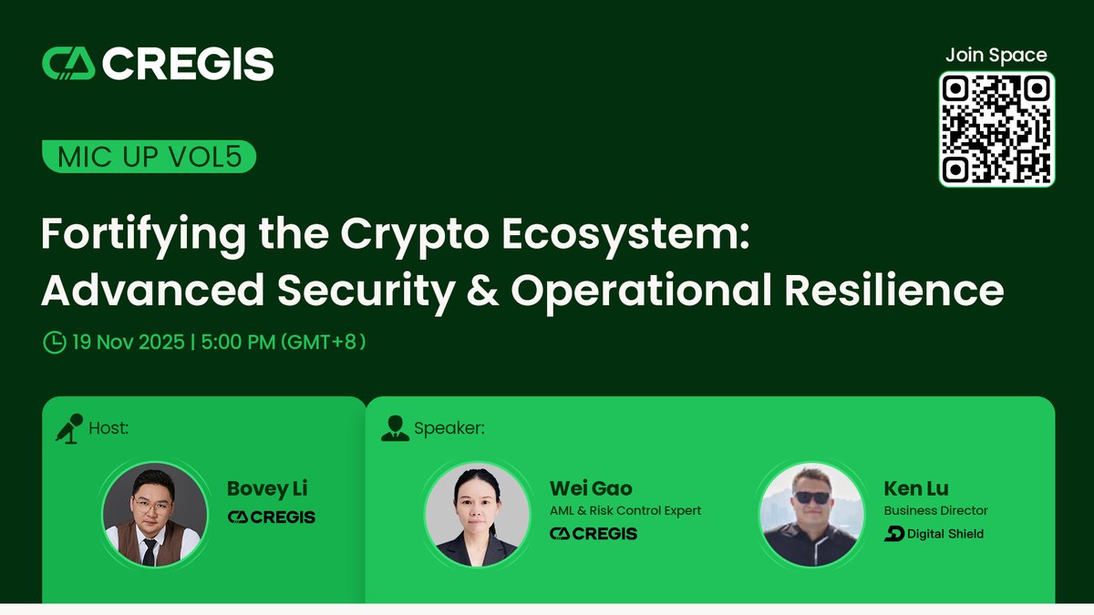 0xCregis's tweet image. 🎙️ Cregis MicUp Vol 5: Fortifying the Crypto Ecosystem: Advanced Security &amp;amp; Operational Resilience

🗓️ November 19, 2025 | 5:00 PM GMT+8 | Live X Space 
🔗 Set your reminder: x.com/i/spaces/1mnxe…

Cregis is excited to host a comprehensive discussion on #CryptoSecurity and…