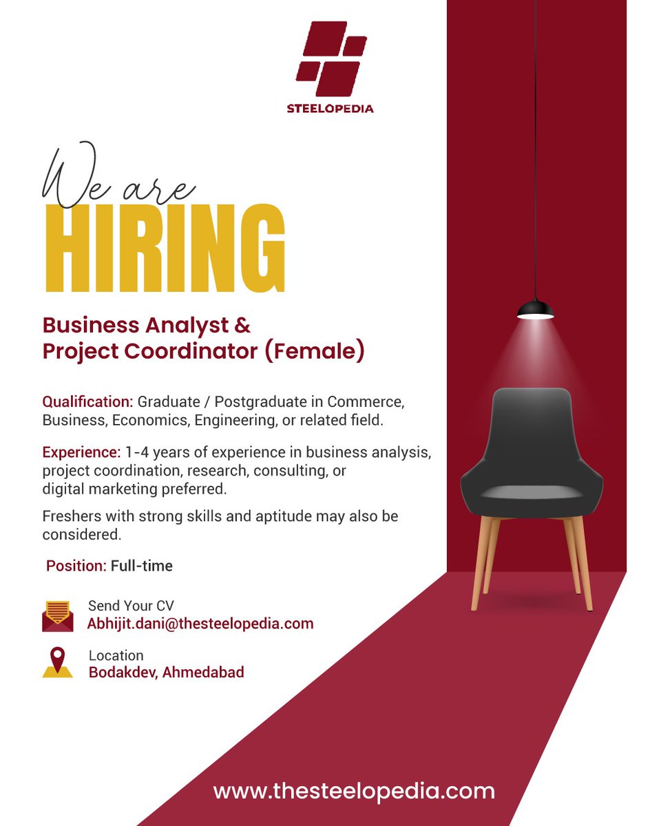 steelopedia's tweet image. 🚀 We Are Hiring!
Steelopedia is looking for a talented Business Analyst &amp;amp; Project Coordinator (Female) to join our dynamic team in Bodakdev, Ahmedabad.

📩 Send Your CV: Abhijit.dani@thesteelopedia.com

#Hiring #BusinessAnalyst #ProjectCoordinator #AhmedabadJobs #Steelopedia