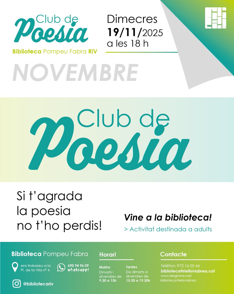 📣 No et perdis el club de poesia del mes de novembre!

📆Dimecres 19 de novembre 
⏰A les 18 h 
📍Biblioteca Pompeu Fabra