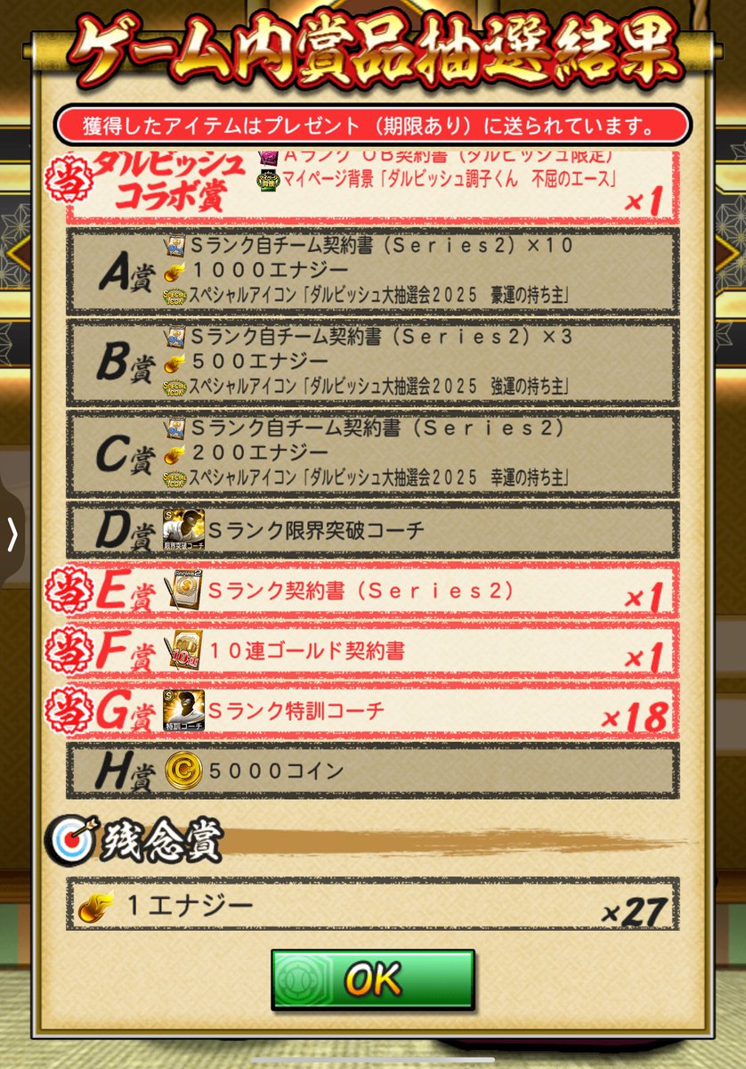 大抽選会…私としてはいい内容だったんだが、上位の賞がほぼやってない人に当たってるイメージだ…。 個人的には200レベ以上とかログイン1000日以上組とそれ以下で抽選会やらをやったら満足するんじゃないかと。  やっぱりいいヤツは歴が長い人に当たって欲しいなぁ…と。