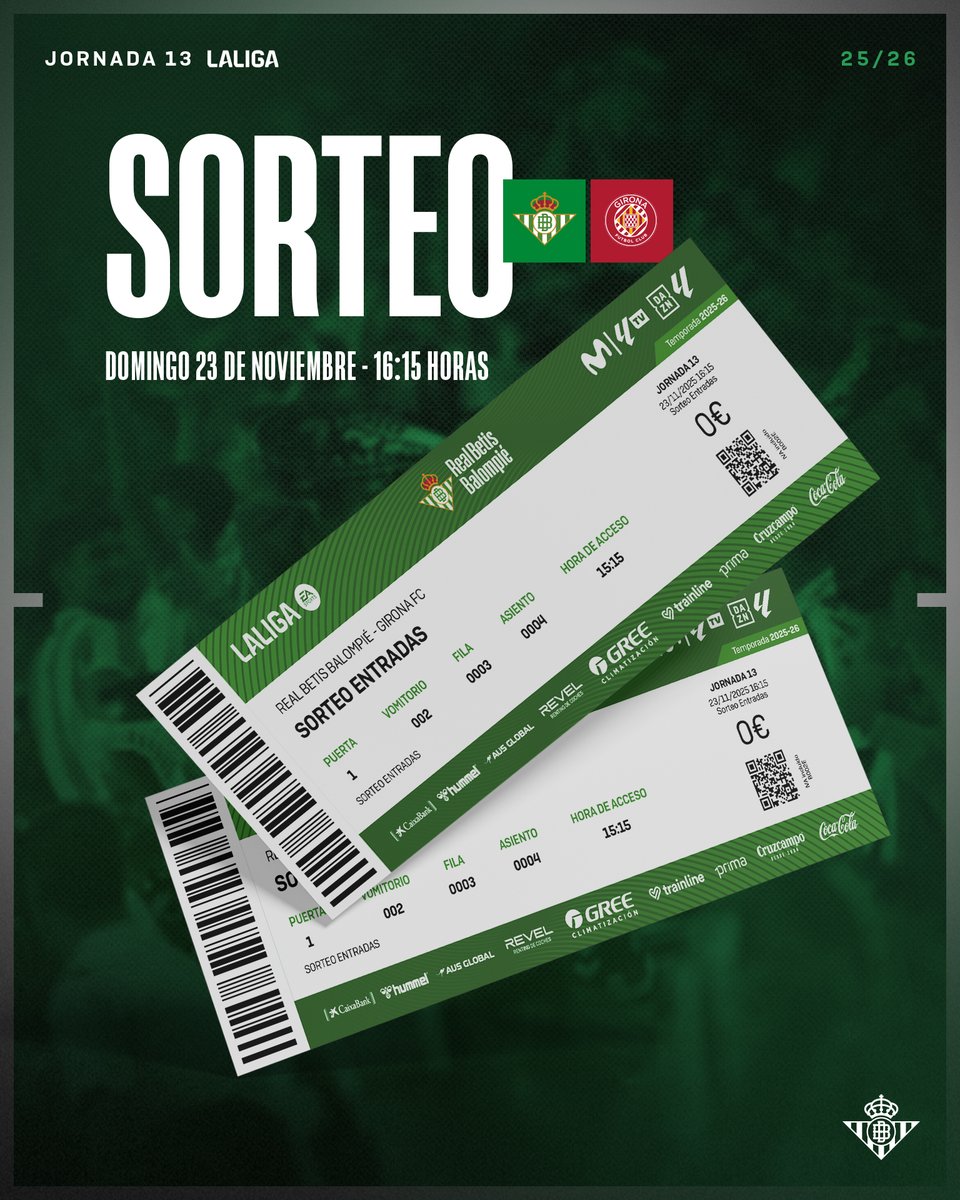 ¡Sorteamos 2 entradas para el #RealBetisGirona entre todos los que hagáis repost a esta publicación! 🎟