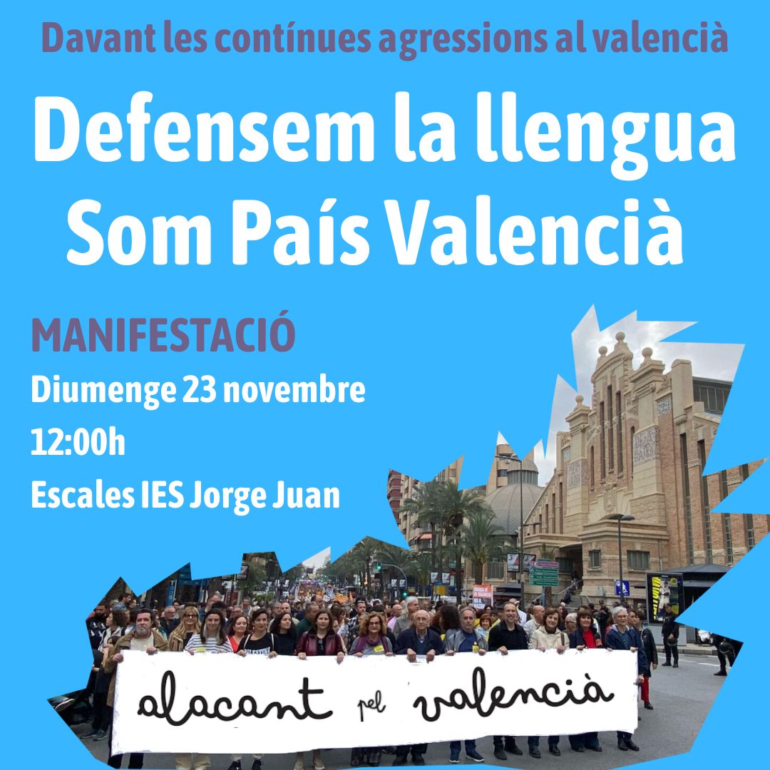 ALACANT PEL VALENCIÀ
convoca actes de commemoració de la LUEV.

18N  – Taula redona
«El País Valencià des d’Alacant».
21N – Concert Defensem la llengua, som País Valencià.
23N – Manifestació.

#Alacant #PaísValencià #Valencià #SomPaísValencià