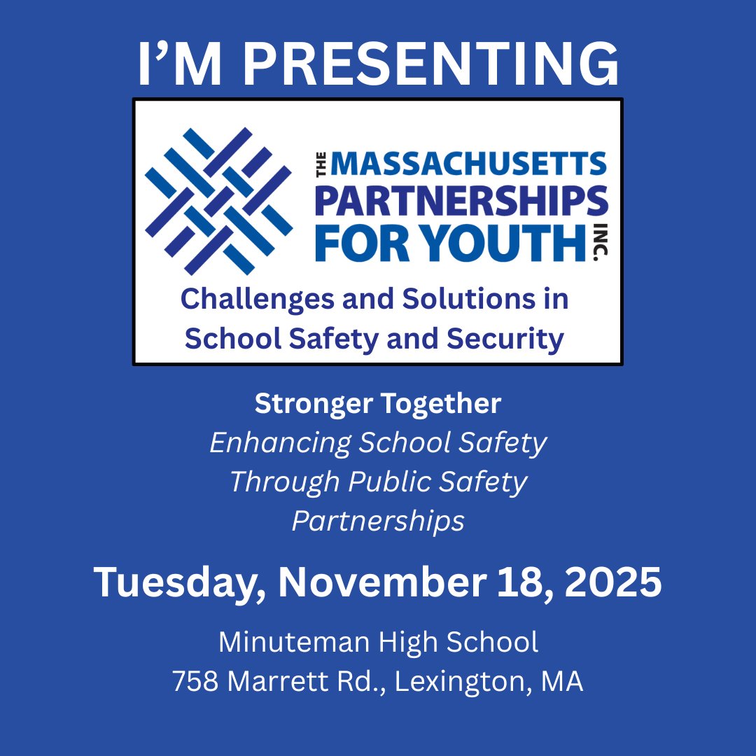 Honored to have the opportunity to speak at the <a href="/MPY_Inc/">Massachusetts Partnerships for Youth, Inc.</a>  training in Lexington today. Hope to see you there!

This presentation provides a comprehensive overview of how schools can create a more resilient and secure environment through a unified, collaborative approach. It