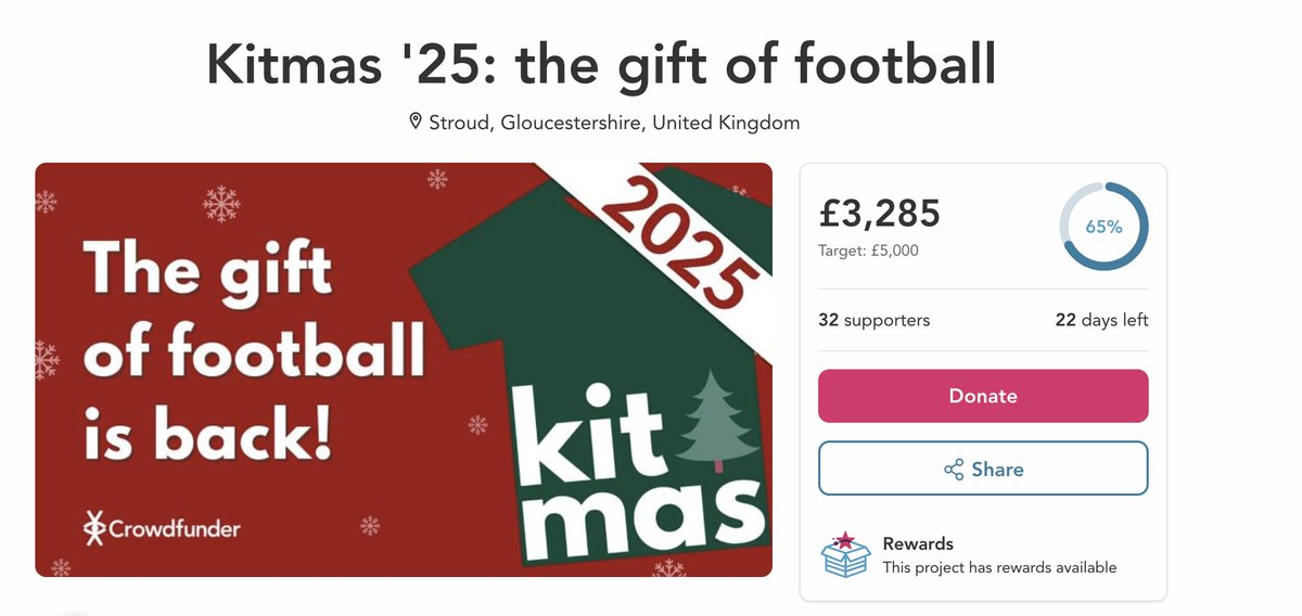 🌲 This time every year I'm reminded how generous the football community is when we run Kitmas.

We've already raised over £3k of our £5k target to provide football shirts for children who may not otherwise receive a Christmas present!

crowdfunder.co.uk/p/kitmas-2025